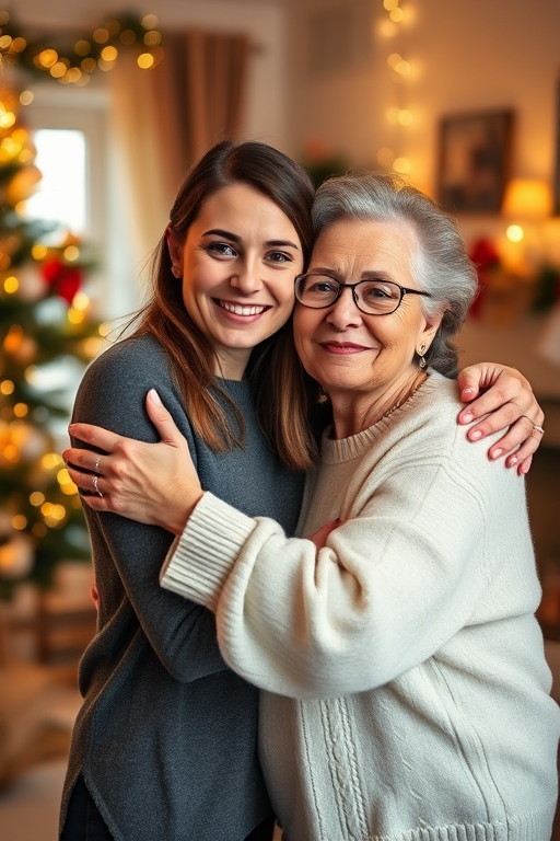 portrait of a young woman and an older woman embracing in a cozy living room decorated for Christmas, warm lighting, soft focus, 50mm lens, f/1.8 aperture, ISO 200, natural light, DSLR
