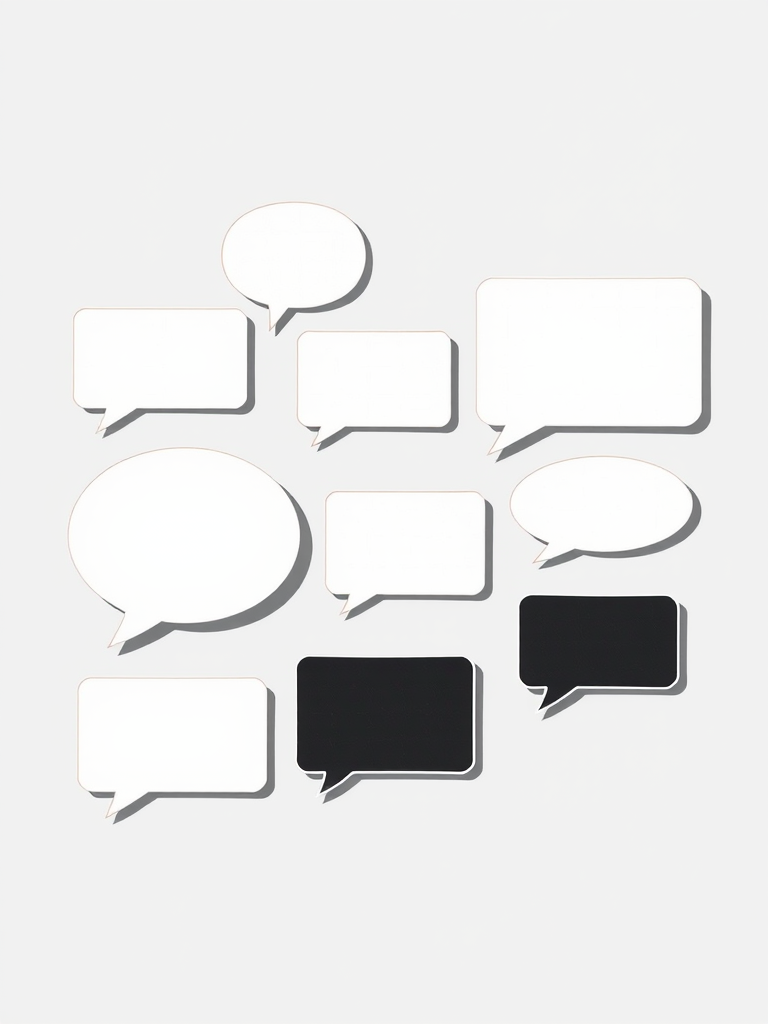 Create an image of various speech bubbles in different shapes and sizes, flat design style, on a transparent background, taken with a DSLR camera at f/8 aperture, ISO 200, 50mm lens, natural lighting.