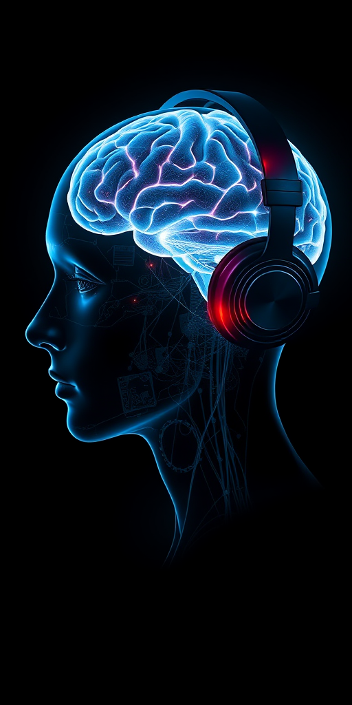 Create a futuristic digital artwork of a profile view of a human head with a glowing brain and headphones, using a high-resolution camera at f/1.8 aperture, ISO 100, 50mm lens, soft lighting to enhance details and contrast, with a dark background to emphasize the luminous elements.