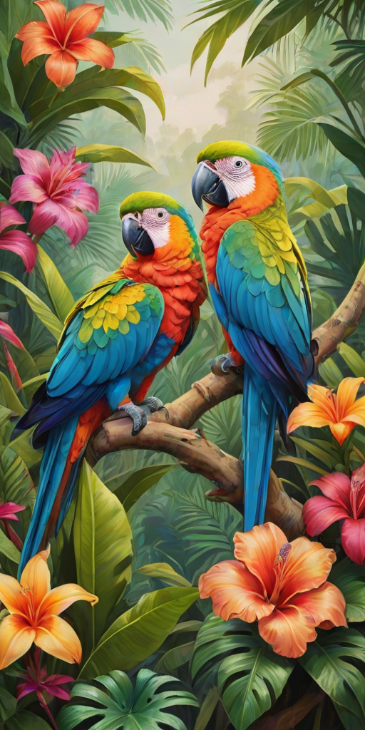 create an image of two colorful parrots perched on branches beside a cluster of tropical flowers with vibrant foliage in a bright and detailed setting