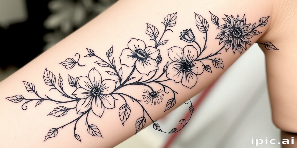 Fine line botanical tattoo, "Nature's Delicacy," featuring exquisitely detailed flowers, leaves, and vines rendered in ultra-thin black lines, capturing the intricate textures and patterns found in nature, perfect for a delicate arm or ribcage piece