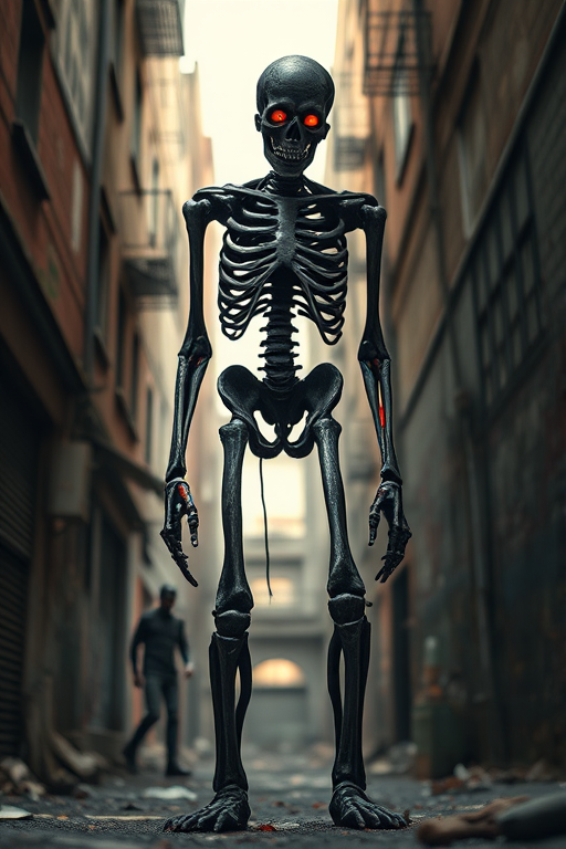 Generate an image of a towering skeletal zombie with glowing red eyes standing in a dilapidated urban alley, captured with a DSLR camera, 50mm lens, f/1.8 aperture, ISO 200, with a shallow depth of field for a dramatic effect and enhanced details in the foreground.