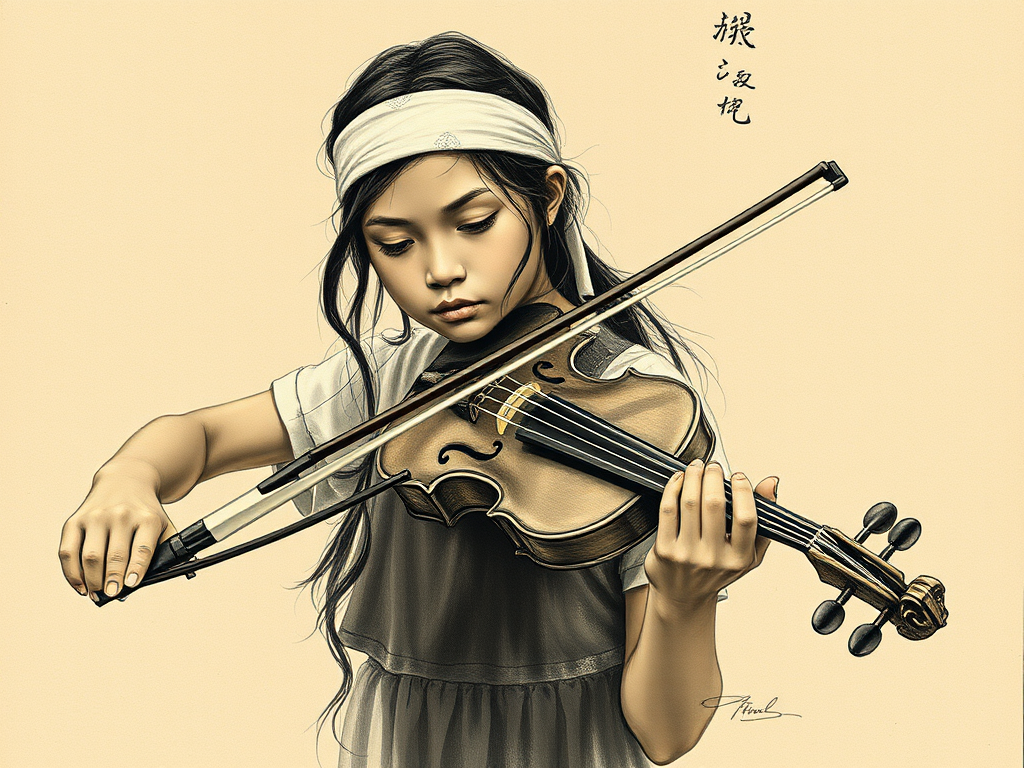 a young Maori woman with a white headband playing a violin, in the style of a charcoal drawing, sepia grunge background