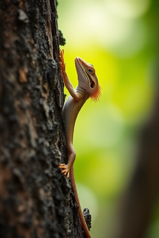 Regenerate a close-up photograph of a lizard climbing a textured tree trunk with a shallow depth of field, using a DSLR camera, 85mm lens, aperture f/2.8, ISO 200, shutter speed 1/250s, natural light, and a blurred green background for enhanced contrast and vibrancy.