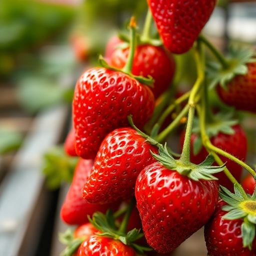 Close-up of strawberries in a greenhouse, shallow depth of field, natural light, f/2.8 aperture, 50mm lens, ISO 100, taken with a DSLR camera, soft focus background.