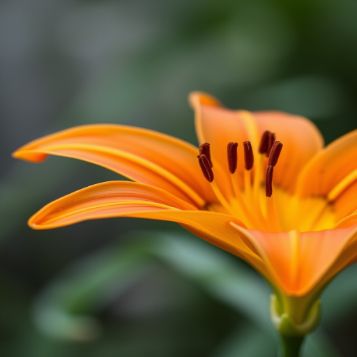Create a vibrant close-up of an orange lily with distinctive spots, using a shallow depth of field to create a blurred background, shot with a DSLR camera at f/2.8, ISO 200, 1/500 sec, natural light, macro lens, focus on the intricate details of the petals.