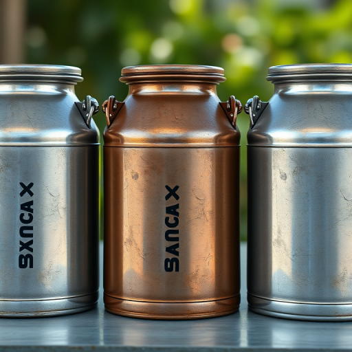 Generate a high-resolution image of three vintage metal milk cans in a row, using a DSLR camera with a 50mm lens, aperture f/2.8, ISO 100, shutter speed 1/125s, taken from a slightly elevated angle with natural lighting to emphasize reflections and textures.
