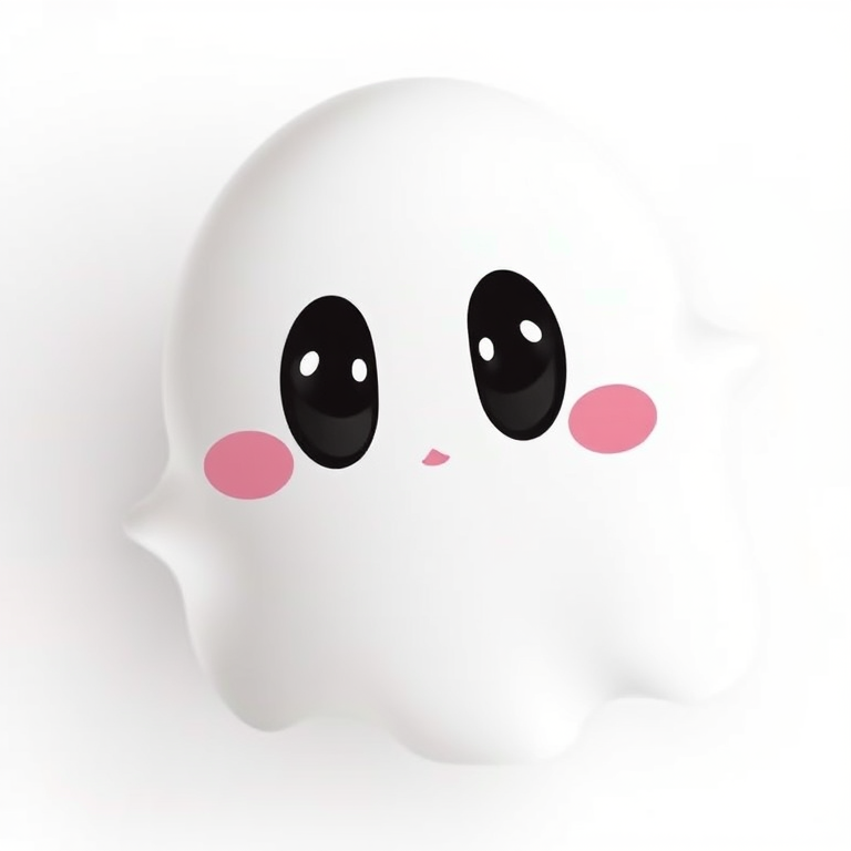 Create a high-resolution digital illustration of a cute, cartoonish ghost with a smooth white surface and expressive black eyes, using a 50mm lens, f/2.8 aperture, ISO 100, overhead view, soft lighting for a welcoming ambiance, captured with a DSLR camera.