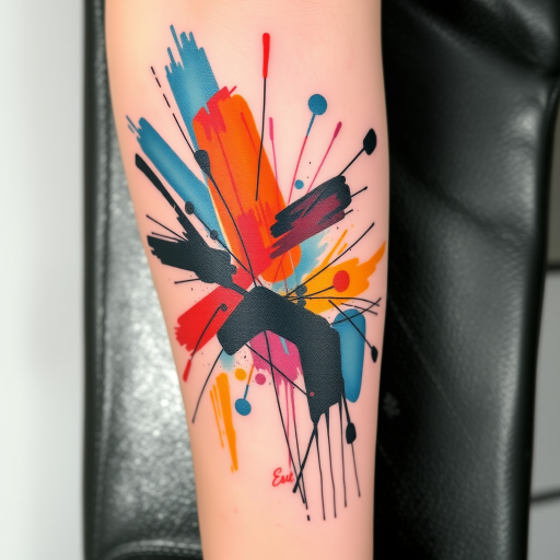 Abstract expressionist tattoo featuring dynamic brushstrokes and splashes of color, spontaneous and emotional composition inspired by modern art movements, bold and unconventional artistic approach