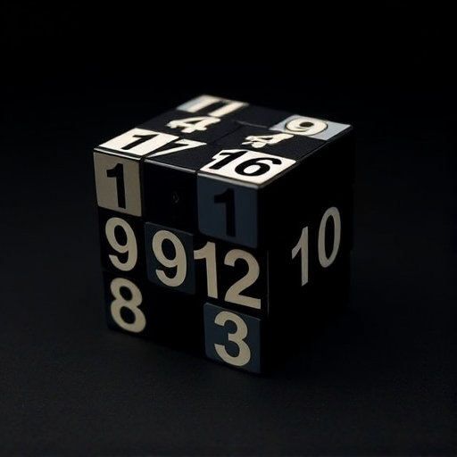 Create a high-resolution image of a three-dimensional cube displaying random numbers 1, 8, 9, 10, 12, and 44 on its faces, set against a solid black background, using a DSLR camera with a 50mm lens, aperture f/2.8, ISO 100, and a focal length of 50mm to enhance depth of field and sharpness.