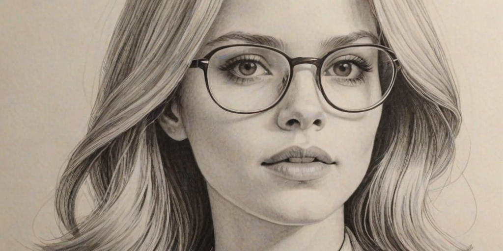 Fascinating Erin Moriarty, pencil sketch, portrait of Enchanting woman 1972s in glasses, hair style beatnik, outline, clear lines, fine lines, 8k