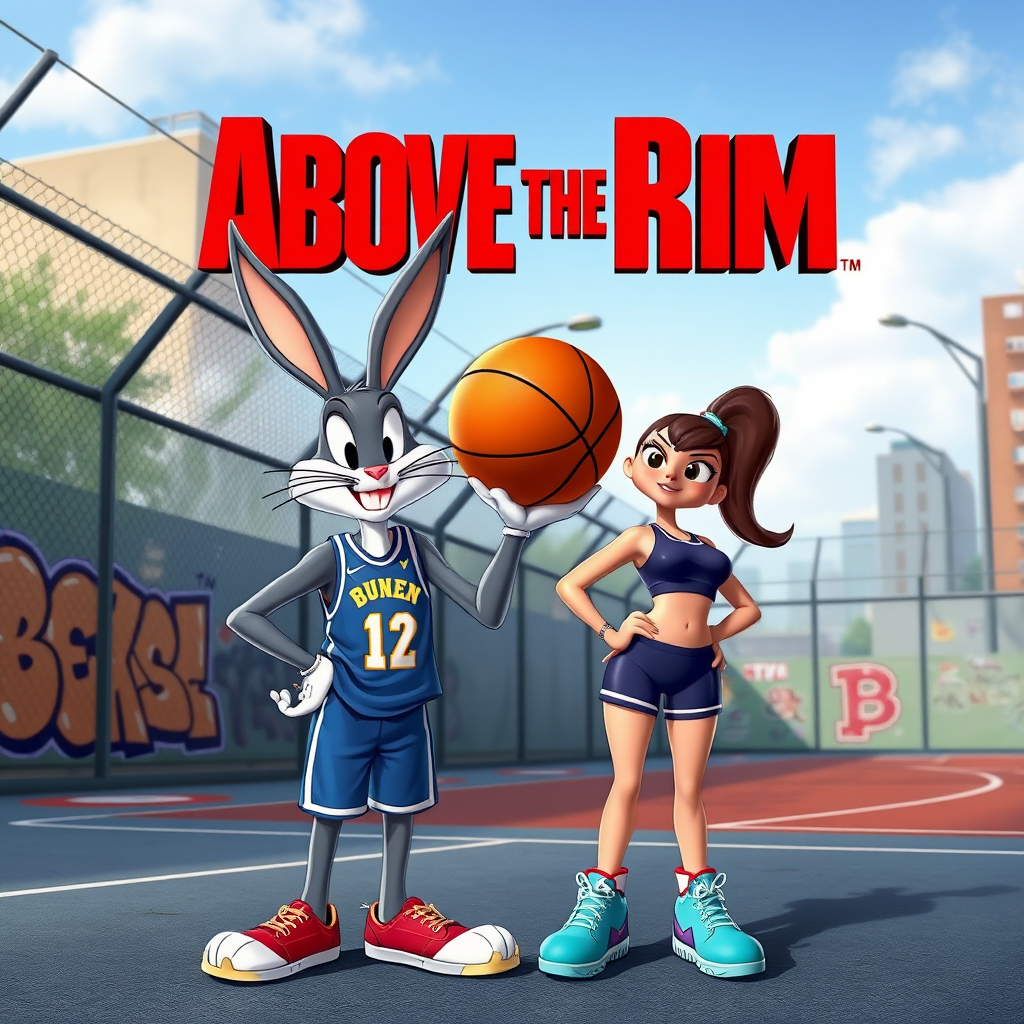 Design an Above the Rim poster featuring Bugs Bunny as Kyle and Lola Bunny as Shep. Bugs is dressed in a basketball jersey and shorts, holding a basketball with a confident expression, while Lola stands beside him in athletic gear, looking determined. The background features an urban basketball court with a wire fence, streetlights, and graffiti. The title "Above the Rim" appears in bold red letters at the top, keeping the original street basketball vibe