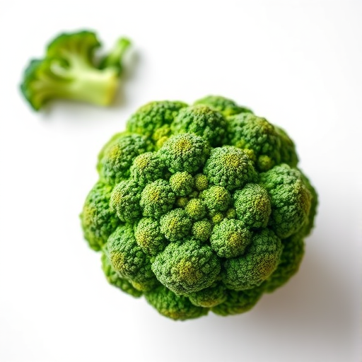 generate an image of a vibrant green broccoli against a simple white background, captured with a macro lens at f/2.8, ISO 100, 1/125 sec, top-down view, high dynamic range photography, digital SLR type