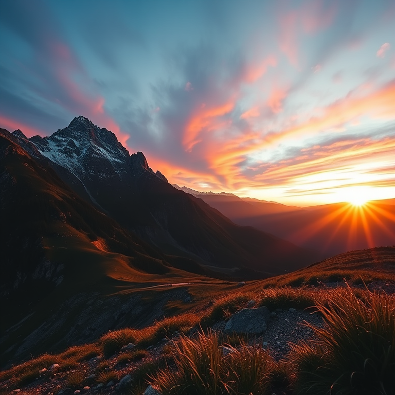 Create an image of a serene mountain landscape during sunrise with vibrant colors in the sky, using a Canon EOS R5 with a 24mm f/1.4 lens, ISO 100, aperture f/8, and shutter speed 1/125 seconds, captured from a low angle with a wide-angle view for depth.