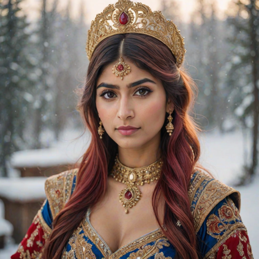 mia khalifa with long, flowing red hair, wearing a traditional, ornate red and blue costume with gold accents and intricate embroidery, stands facing the viewer in a close-up portrait. Her hair is styled in a high ponytail and adorned with a pair of golden, winged hairpieces. She wears gold earrings and her makeup is accented with light pink blush and a bright red lip. She has a soft and slightly melancholic expression, with her eyes looking directly at the camera. The background is a blurred, out-of-focus snowy landscape, with the woman in the foreground. The lighting is soft and natural, creating a warm, intimate atmosphere. The image is composed using a shallow depth of field, with the woman as the main focal point. The overall style is elegant, delicate, and fairytale-like.