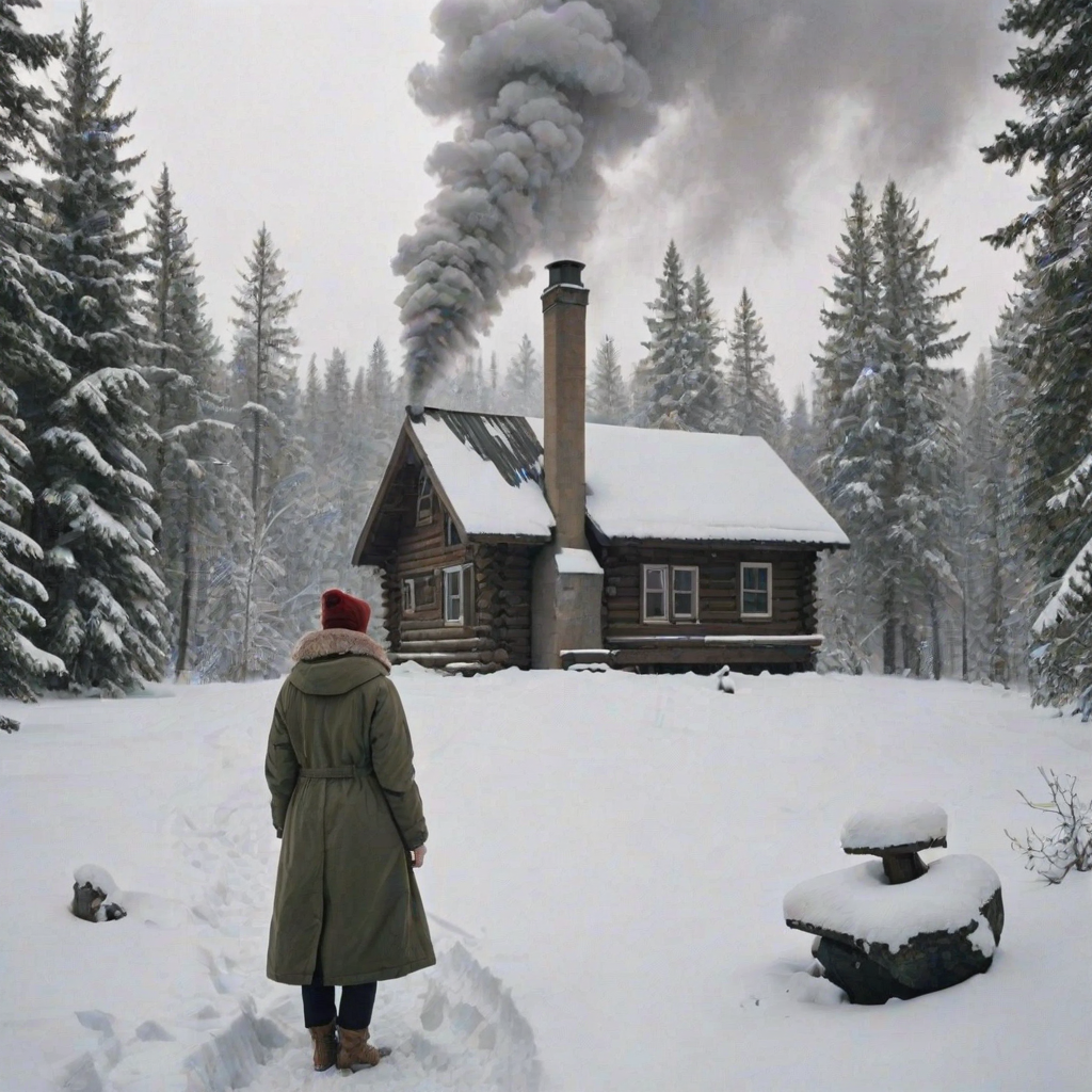Snow-covered cabin in the woods, smoke rising from the chimney, as a woman steps outside, bundled in a coat, to admire the pristine winter landscape.
