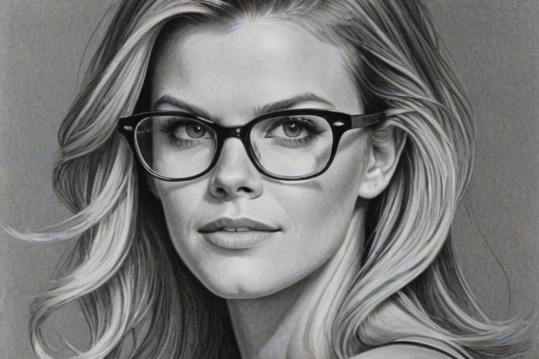 Bewitching Brooklyn Decker, pencil sketch, portrait of Resplendent woman 1964s in glasses, hair style beatnik, outline, clear lines, fine lines, 8k