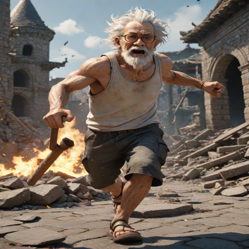 Cartoon 3D High-Resolution,dynamic battle scene using Unreal Engine 5 and Octane Render. The scene features back of an elderly, thai man with a beard,messy hair and round golden-rimmed glasses. He is wearing a tattered tank top with soot marks, shorts, and sandals. sweating. he wields a baseball bat. He jump to fight with a white fire-breathing Europe dragon amidst a partially destroyed stone castle. Include intense flames, smoke, and debris to enhance the dramatic effect.