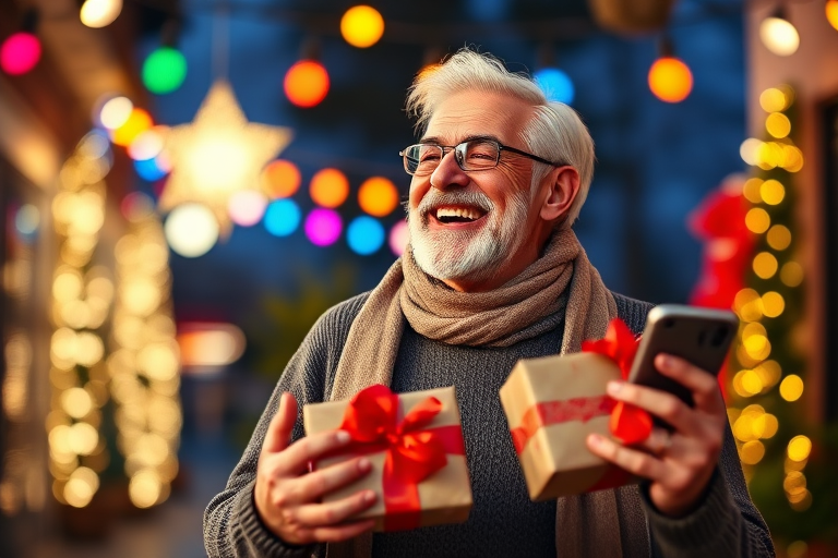 Generate an image of a joyful older man with gray hair and a beard, standing outdoors during a festive evening. He is laughing and holding a wrapped gift with a red bow in one hand and a smartphone in the other. The background is decorated with colorful holiday lights, creating a warm and cheerful atmosphere. The man is wearing a cozy sweater and a scarf.
