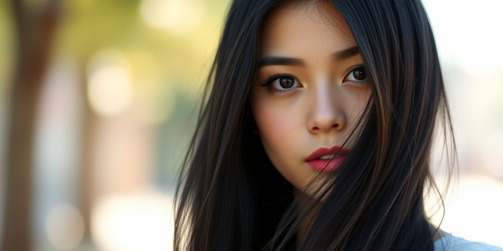 portrait of a young woman with long black hair and soft features, natural lighting, shallow depth of field, using a Canon EOS R5, 50mm f/1.2 lens, ISO 100, aperture f/1.2, shutter speed 1/200 sec, front view, focus on eyes and soft bokeh background