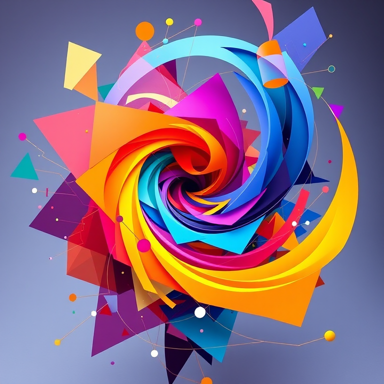 Create a vibrant abstract digital artwork featuring colorful geometric shapes and swirls, using a Canon EOS R5 with a 50mm f/1.2 lens, at ISO 100, f/8 aperture, and a 1/125s shutter speed, in a studio lighting setup for enhanced clarity and depth.