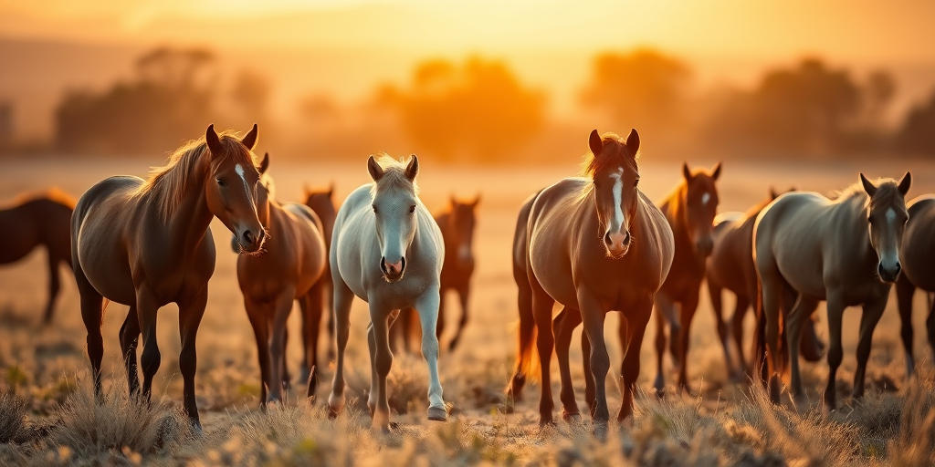 capture a herd of wild horses grazing in a open field during golden hour with soft natural lighting, using a Canon EOS 5D Mark IV, 50mm lens, aperture f/2.8, ISO 200, shutter speed 1/200s, shallow depth of field, focusing on the horses while blurring the background for a dreamy effect
