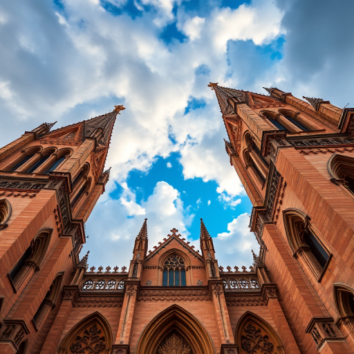 cathedral towers with dramatic sky, wide-angle lens, f/8 aperture, ISO 200, low-angle perspective, DSLR camera, vibrant colors, sharp details