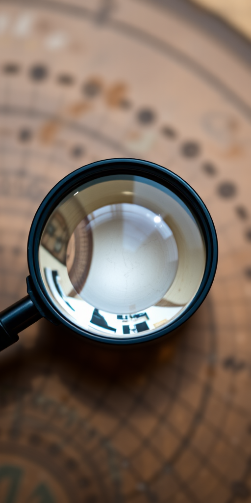 Create a high-resolution image of a magnifying glass with a clear focus on its lens, using a DSLR camera, with a 50mm lens at f/1.8, ISO 100, and a shallow depth of field, captured at a slight top-down angle with natural lighting to enhance reflections and details.