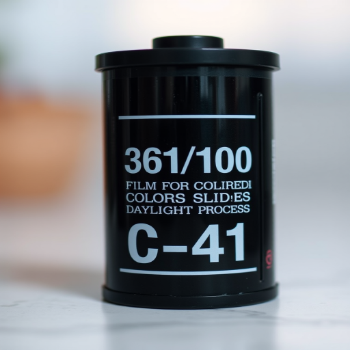 Generate a high-resolution image of a film canister labeled "361/100 FILM FOR COLOR SLIDES DAYLIGHT PROCESS C-41" with a shallow depth of field, using a DSLR camera with an 85mm lens, aperture set to f/2.8, ISO 100, and a focus on the label against a softly blurred background.