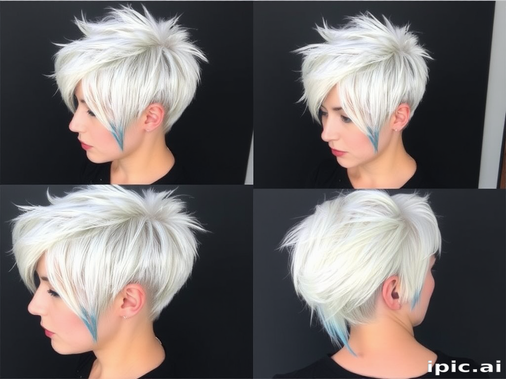 Striking platinum blonde hair is the canvas for the edgy "Urban Frost" style. The short, asymmetrical cut features a closely cropped side and back, with longer layers on top styled into textured, piece-y spikes. Icy blue tips add a cool, modern twist to this bold and daring look.