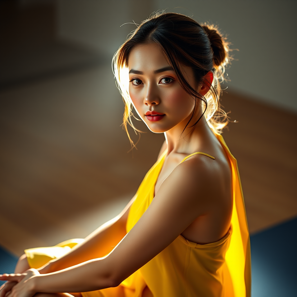 Resplendent photo of woman:Chinese:0.4, highlight hair, wearing Banana dress, sitting on Yoga mat, rim lighting, studio lighting, looking at the camera, dslr, ultra quality, sharp focus, tack sharp, dof, film grain, Fujifilm XT3, crystal clear, 8K UHD, highly detailed glossy eyes, high detailed skin, skin pores