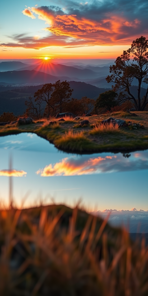 Capture a high-resolution image of a serene landscape at sunrise, using a Canon EOS R5 with a 24mm lens, aperture set to f/8, ISO 100, shutter speed 1/125s, in landscape orientation, focusing on vibrant colors and sharp details, with a soft-focus background for depth.