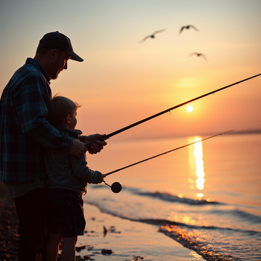 Warmly lit image of a father teaching his child how to fish at dawn, soft glow from the early morning sun reflecting off the water, fishing poles in hand, distant birds flying overhead, and the sound of water lapping at the shore.