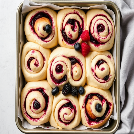 A baking tray filled with freshly rolled berry cinnamon rolls featuring swirls of dough and a mix of blueberries, blackberries, and raspberries, arranged neatly in a square metal tray with parchment paper lining, showcasing a light and fluffy texture, with a soft gray cloth draped beside the tray.