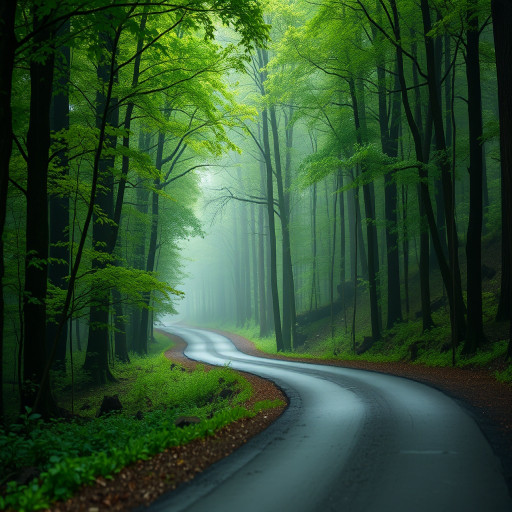 create a serene forest pathway with lush green trees and mist in the atmosphere, captured with a Canon EOS R5, 24-70mm f/2.8 lens, aperture f/4, shutter speed 1/125s, ISO 200, in soft natural light, with a slightly low angle view for depth and an emphasis on the winding road in the foreground.