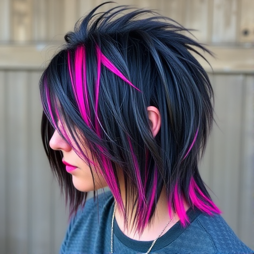 Charcoal grey mullet with neon pink tips, called "Punk Rock Twilight," featuring a grungy texture and an edgy contrast between dark and vibrant tones