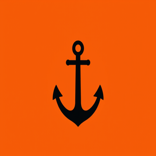 Create a high-resolution image of a simple black anchor icon centered on a vibrant orange circular background, with a clean minimalist design, using a DSLR camera, aperture f/4, shutter speed 1/200s, ISO 100, and a slight vignette effect for depth.