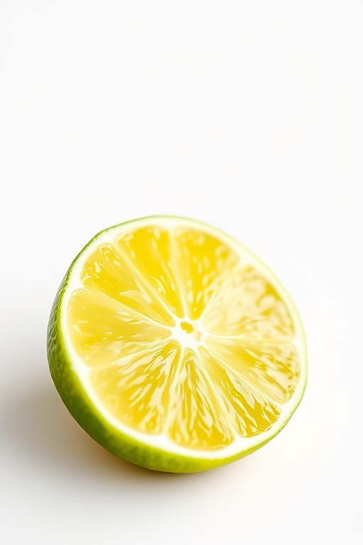 Create a high-resolution close-up image of a lime slice on a clean white background, using a DSLR camera with a 50mm lens, aperture f/2.8, ISO 100, and natural lighting to enhance the brightness and details of the texture.