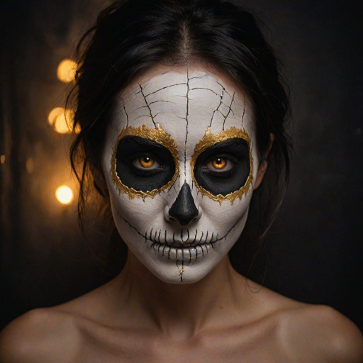 Create image featuring a close-up of a face painted like a skull. The skin is predominantly white with textured, cracked paint. The eye sockets are painted black, blending into the natural shadows of the eyes, creating a deep, hollow look. Bright, intense golden-yellow lights radiate from the eyes, casting a warm glow that contrasts with the cold, esoteric background. The nose is painted black in the shape of a spade. The mouth area features black lines extending from the corners, resembling a stitched effect. The face has sporadic black hair strands that frame it dramatically, adding to the eerie yet captivating feel. The background is blurred and dark, enhancing the focus on the face. Small, glowing orange embers are scattered sporadically across the image, contributing to the mysterious and magical atmosphere. The overall style is hyper-realistic with an emphasis on the contrast between light and dark elements, giving it an almost supernatural