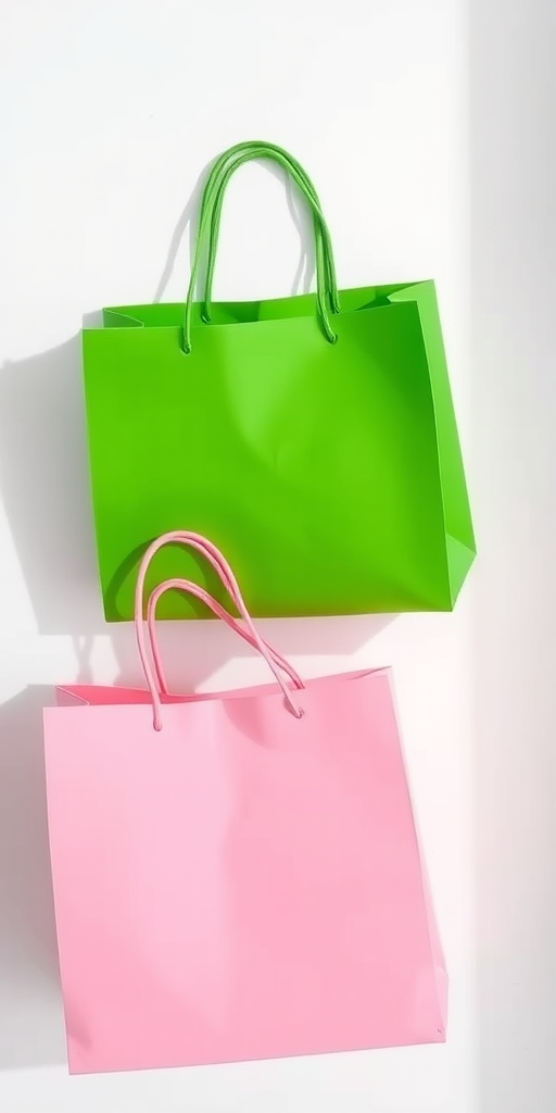 Create a high-resolution image of two shopping bags, one green and one pink, using a DSLR camera with a 50mm lens, f/2.8 aperture, ISO 100, shot from a top-down view with soft lighting to enhance details and colors.