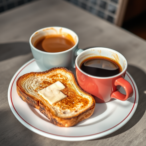Create a high-resolution image of a plate with a slice of buttered toast next to a steaming cup of coffee, using a DSLR camera with a 50mm lens, aperture set to f/2.8, ISO 100, in natural light with a shallow depth of field for a soft background blur.