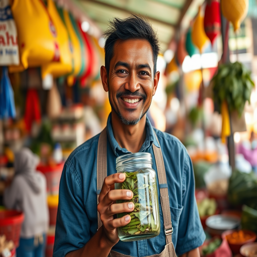 Capture a vibrant portrait of a smiling male vendor holding a jar of herbs in a colorful market stall, using a Canon EOS R5, 50mm f/1.2 lens, aperture at f/2.8, ISO 200, shutter speed 1/200s, in natural light to enhance details and texture.
