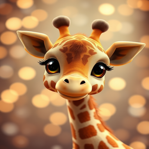 Create an image of a cute cartoon baby giraffe character with big sparkling eyes, surrounded by a magical atmosphere with soft glowing lights, shot with a Canon EOS R5 camera, 50mm lens, f/1.8 aperture, ISO 100, in a soft focus with a bokeh effect in the background and a warm color palette.