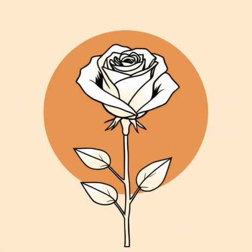 Create a minimalistic line art illustration of a rose on a beige background with a large brown oval shape behind it, use a Canon EOS R5, 50mm f/1.8 lens, aperture f/2.8, ISO 100, shot from a straight-on perspective in natural light for enhanced clarity and contrast.