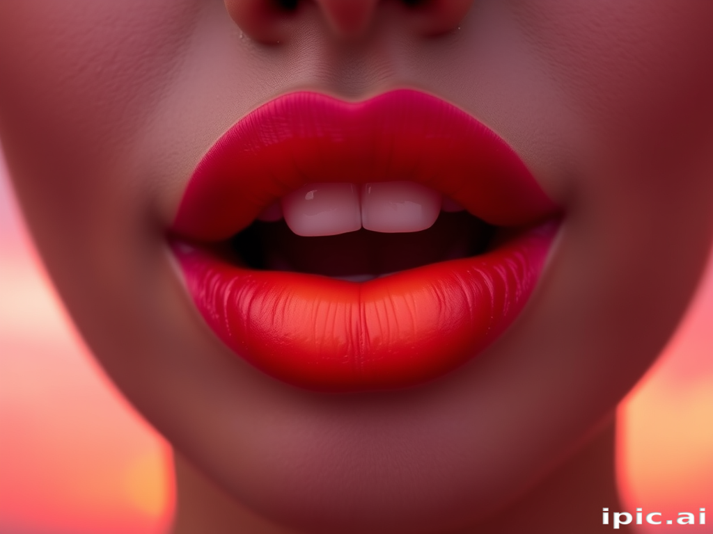 Sunset-inspired ombre lips blending warm oranges, pinks, and purples, mimicking the colors of a beautiful twilight sky, perfect for a romantic summer evening