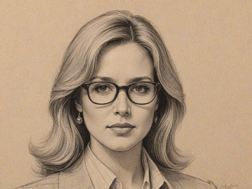 Splendid Chevy Chase, pencil sketch, portrait of Magnificent woman 1976s in glasses, hair style beatnik, outline, clear lines, fine lines, 8k