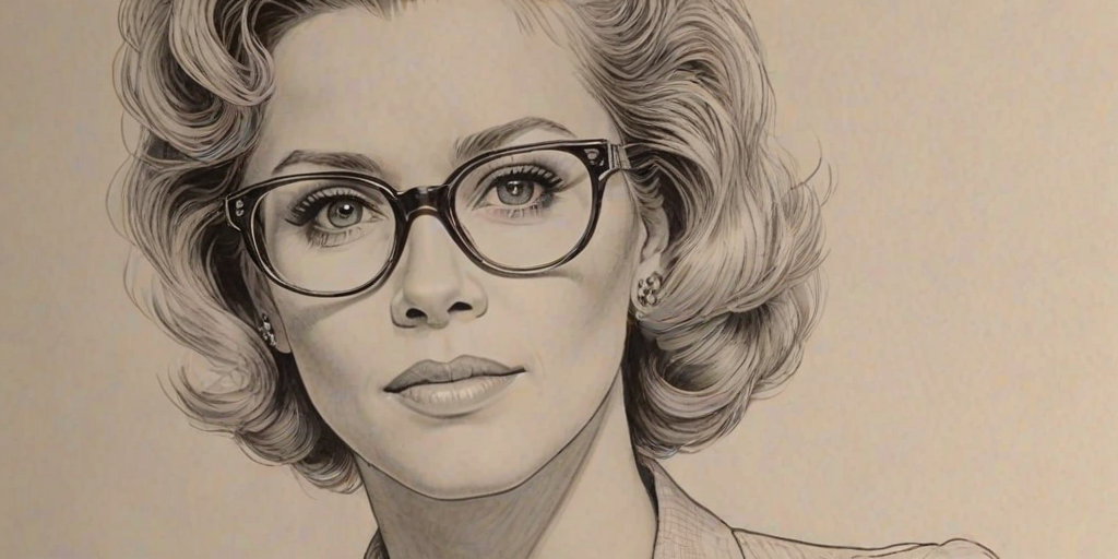 Alluring Jane Fonda, pencil sketch, portrait of Fascinating woman 1938s in glasses, hair style beatnik, outline, clear lines, fine lines, 8k