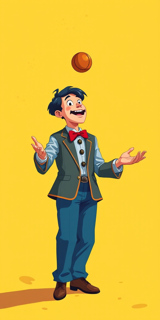 Create a vibrant illustration of a juggler performing with a brown sphere and blue props on a bright yellow background, captured with a Canon EOS R5, 50mm lens, f/2.8 aperture, ISO 100, with a shallow depth of field for emphasis on the subject.