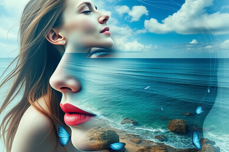 this picture is Book cover, A surreal double exposure portrait that blends a woman's face with a beautiful seascape. The overall mood is dreamy and mystical, with rich colors and intricate details