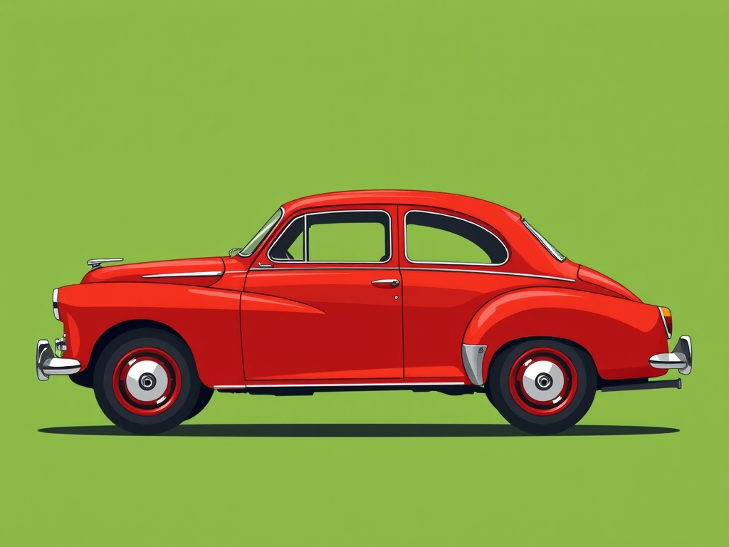 Create a detailed illustration of a vintage red car from a side view on a solid green background, using a DSLR camera with a 50mm lens, aperture set at f/2.8 for shallow depth of field, ISO 100 for clarity, and natural lighting to enhance colors and shadows.